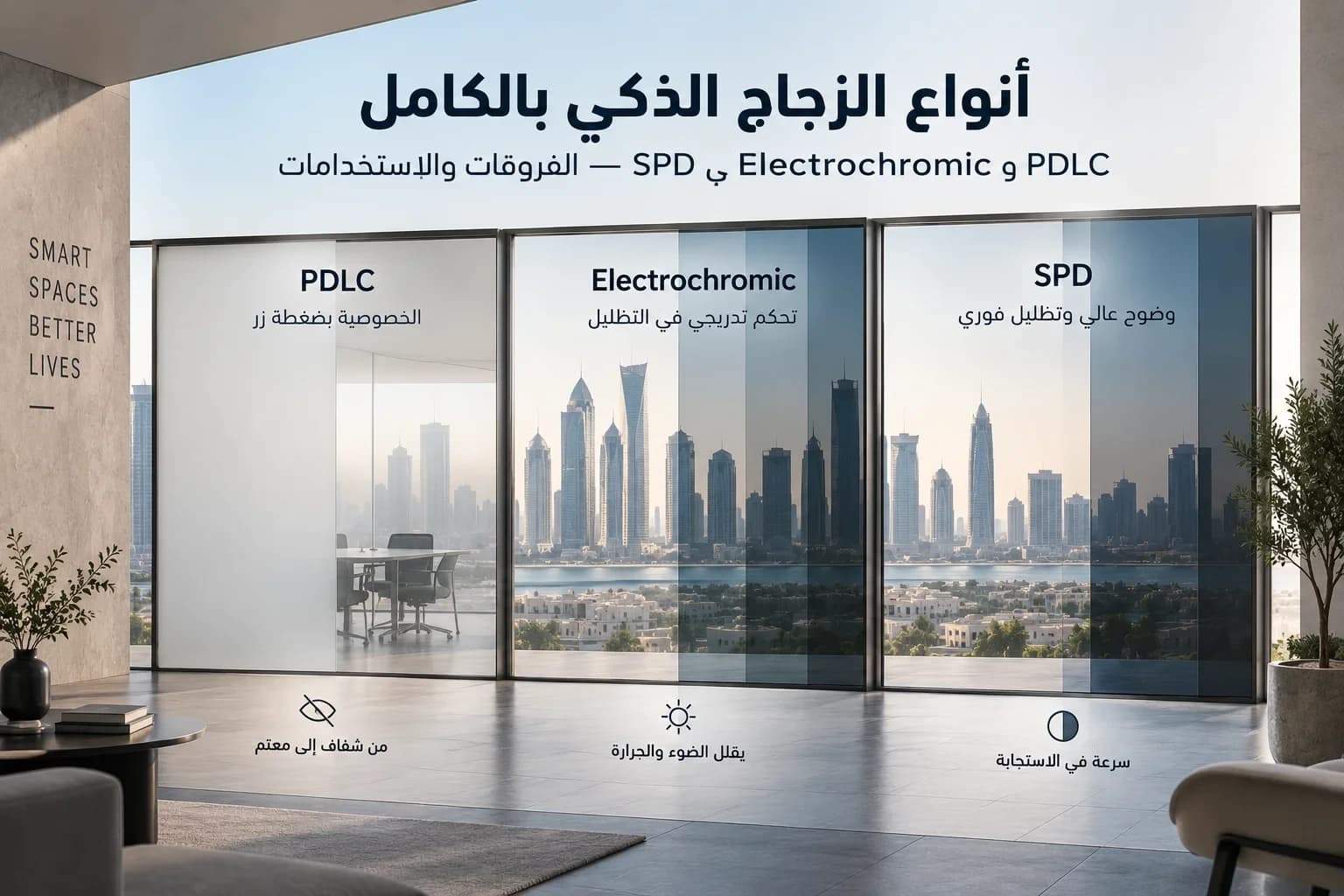 أنواع الزجاج الذكي بالكامل: PDLC وElectrochromic وSPD — الفروقات والاستخدامات